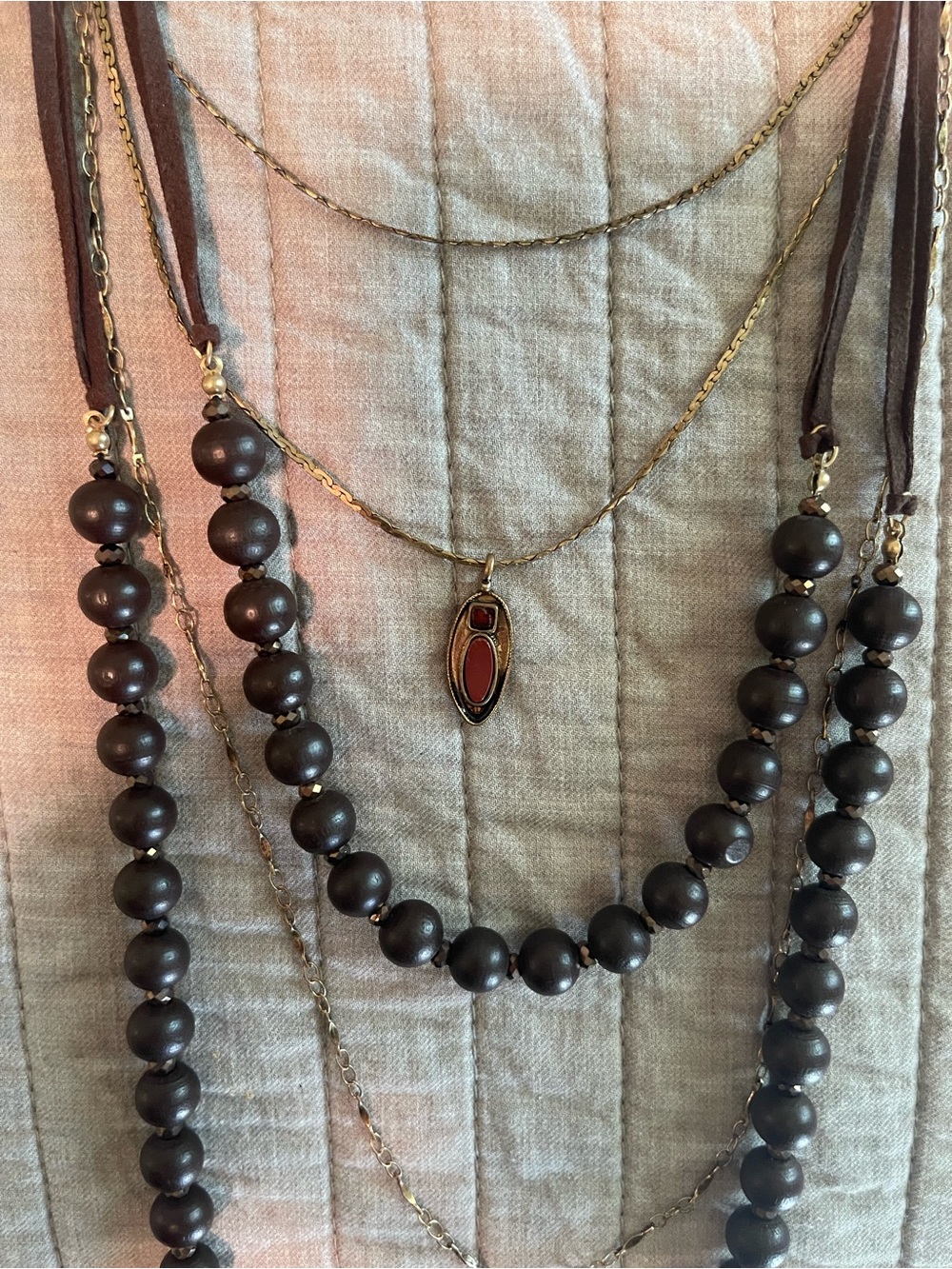 Free People Layered Brown Bead Necklace with Rust Pendant - Women Jewelry